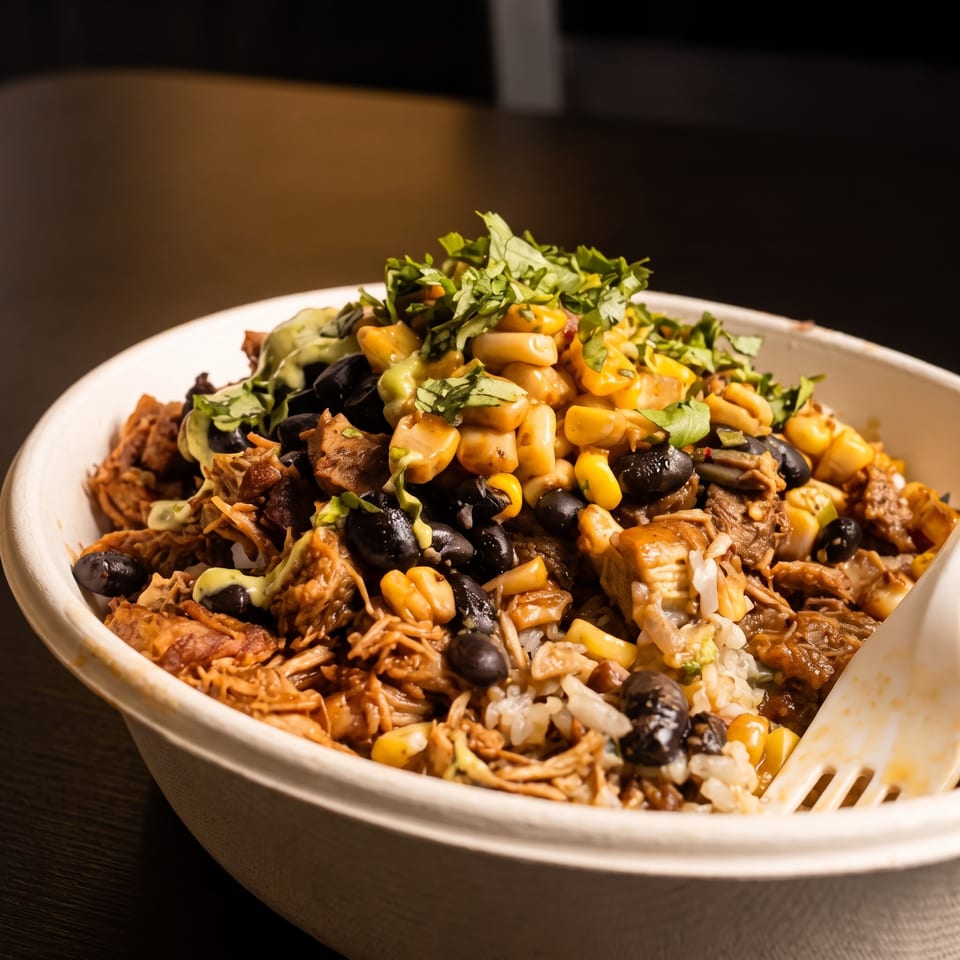 Close-up of a loaded bowl with rice, black beans, corn, shredded meat, greens, and creamy sauce.