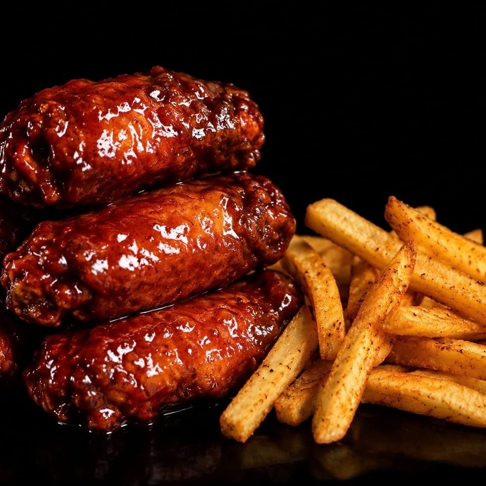 Stack of glossy barbecue chicken wings served with seasoned French fries on a black surface.